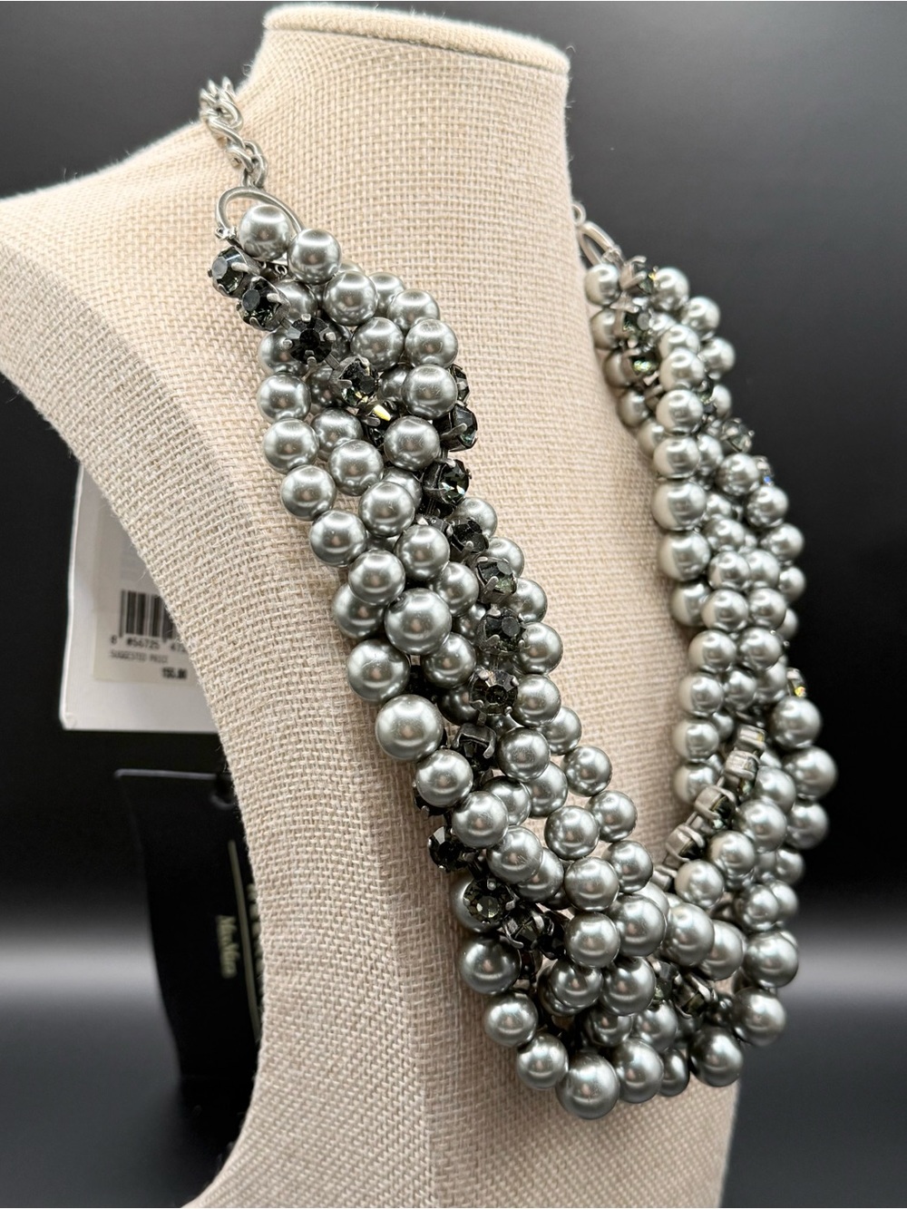WEEKEND Max Mara Gray Pearl and Black Rhinestone Necklace